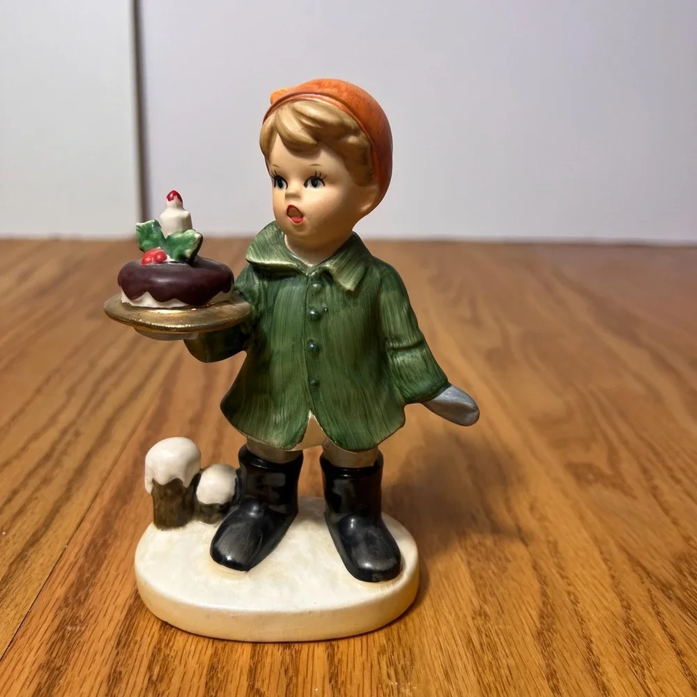 VTG Christmas Caroler Child Figurine Holding Christmas Pudding Cake Mid Century